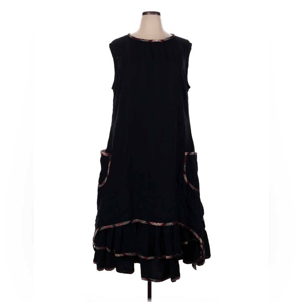 IVEY ABITZ BESPOKE Black Red Plaid Trim Frock Dress Lagenlook Pockets VGUC